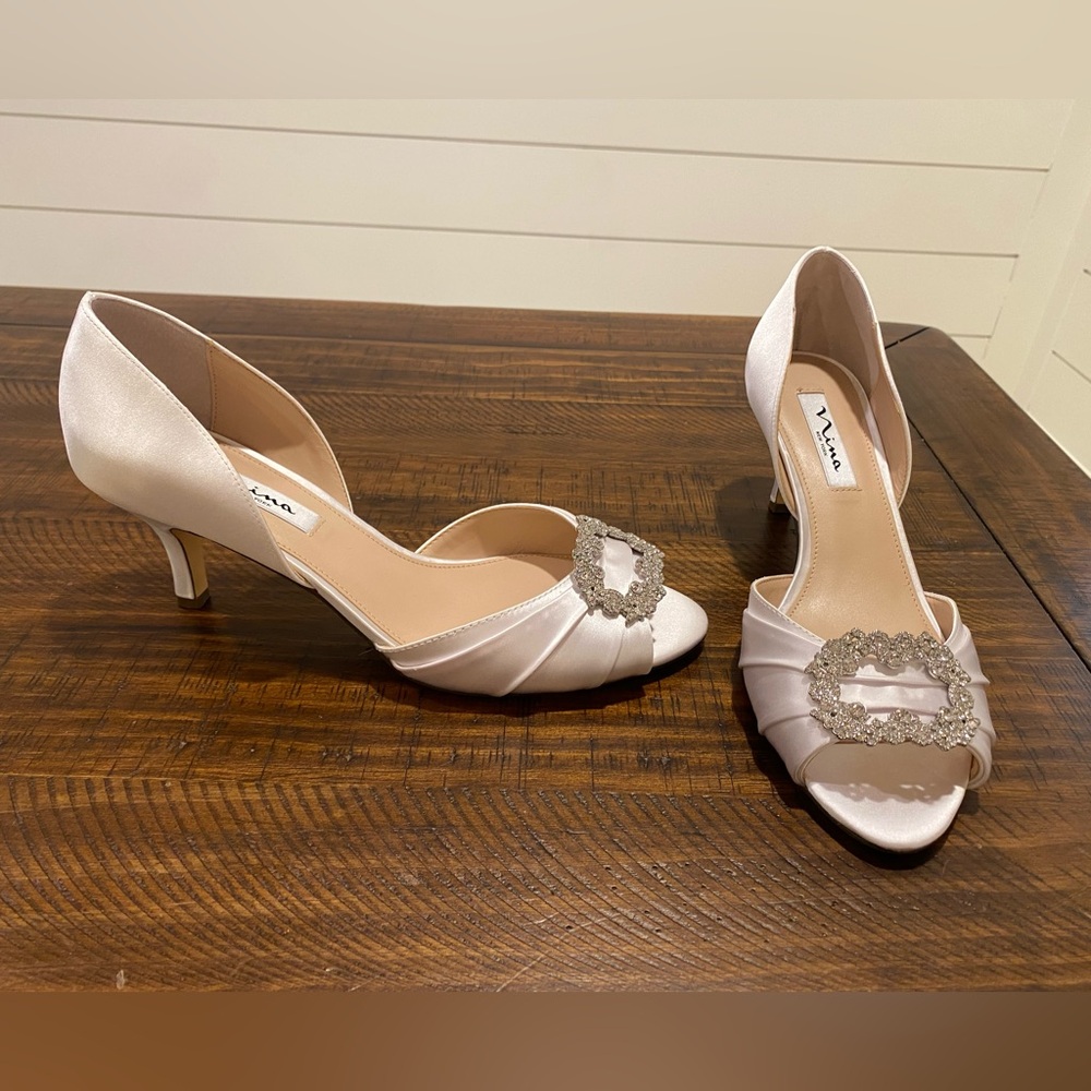 Nina White Heels with Silver Accents